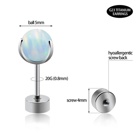 G23 Titanium Flat Back Earrings 20G Opal Ball Studs White 5mm ASTM F136 Hypoallergenic Nickel Free Implant Grade Durable Screw Back For Sensitive Piercings And Dope Everyday Wear, 5mm opal stud and screw back