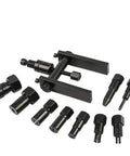 Essential Ten Piece Motorcycle Bearing Puller Extractor Set Featuring Two Jaw Extraction Tools For Wheel Hub Removal Stored In Cool Carry Case Ideal Shop Gear For Riders And Mechanics Who Need Reliable Tools To Remove Stubborn Bearings Easy. Black steel two-jaw bearing puller set with ten pieces for motorcycle wheel hub removal.