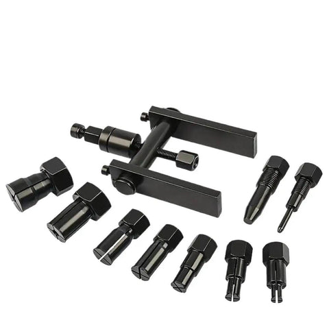 Essential Ten Piece Motorcycle Bearing Puller Extractor Set Featuring Two Jaw Extraction Tools For Wheel Hub Removal Stored In Cool Carry Case Ideal Shop Gear For Riders And Mechanics Who Need Reliable Tools To Remove Stubborn Bearings Easy. Black steel two-jaw bearing puller set with ten pieces for motorcycle wheel hub removal.
