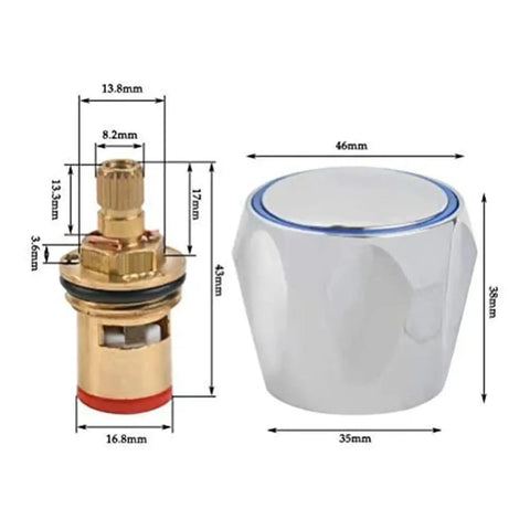 Upgrade Your Sink With This Hot Cold Faucet Tap Handle Knob Conversion Kit, Featuring Durable Copper Valve Reviver Heads For Easy 1/2 Inch Thread Replacement And Fresh Basin Washer Fixes That Fix Leaks Like Magic. copper faucet valve and white handle with size measurements