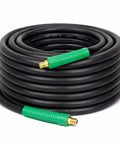 Badass Heavy Duty Black Rubber Air Compressor Hose 3/8 Inch By 50 Feet 300 Psi coiled with green fittings for industrial use.