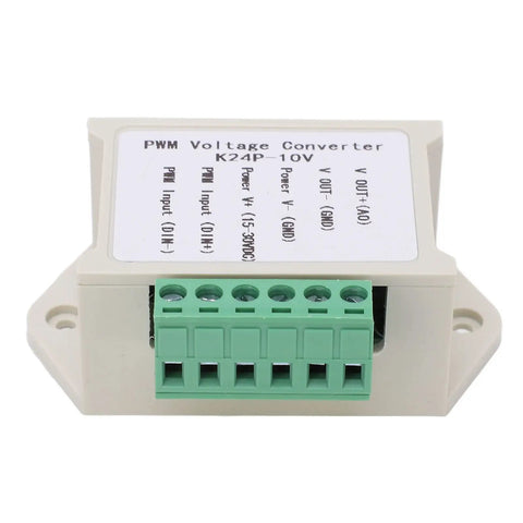 Close-up of PWM to Voltage Converter Module 0 to 100 Percent PWM Signal to 0 to 10V Analog Output with connection ports visible.