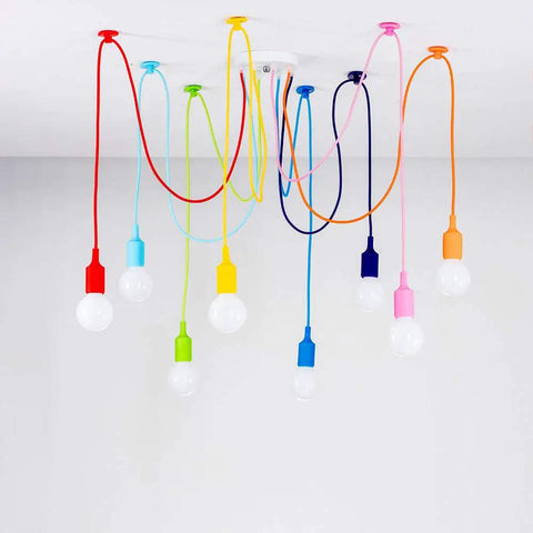 Colorful eight-arm spider pendant light chandelier for kids room and living areas, adjustable hanging ceiling fixture with 59-inch wires