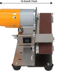 Stainless Steel Electric Belt Sander Grinder Machine With Adjustable Work Table Shockproof Feet For Abrasive Polishing Knife Making DIY Projects Versatile Desktop Polishing Tool, side view dimensions highlighted.