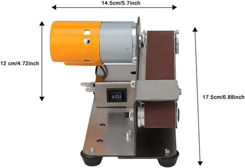 Stainless Steel Electric Belt Sander Grinder Machine With Adjustable Work Table Shockproof Feet For Abrasive Polishing Knife Making DIY Projects Versatile Desktop Polishing Tool, side view dimensions highlighted.