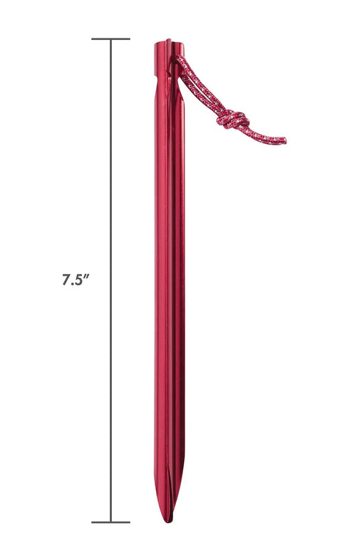 Groundhog Tent Stake Kit 6 Pack 7.5 Inch Regular Red, three-sided Y-Beam design, shown with notch top and reflective pull loop.