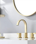 Two Handles 8 Inch Widespread Bathroom Faucet In Brushed Gold Finish With Valve And Metal Pop Up Drain Three Hole Mount Eight Inch Center Spread Sleek Modern Diy Bathroom Upgrade installed on white sink