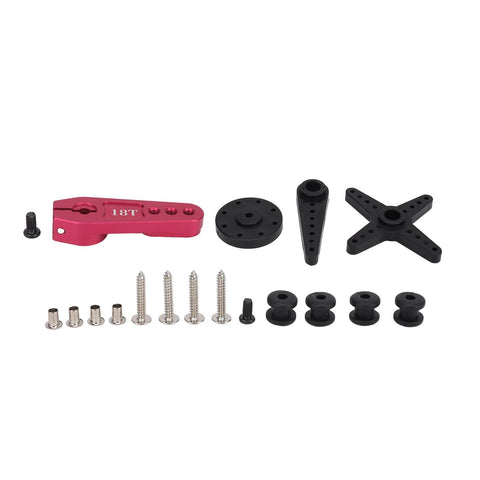 Heavy Duty DS51150 Digital Servo components including pink aluminum horn, black discs, screws for RC car upgrades.