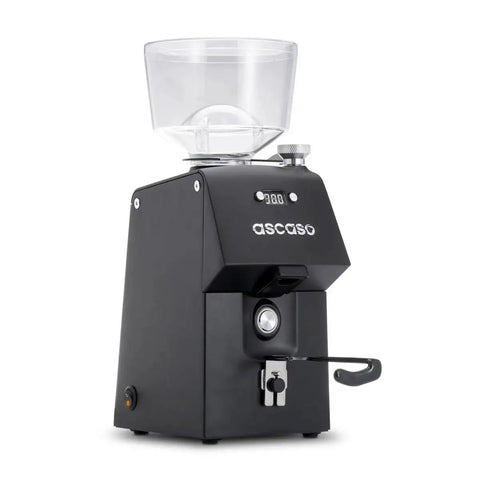 Compact 64mm Flat Steel Burr Coffee Grinder For Home Espresso with black body and transparent bean hopper.