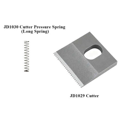 Replacement Parts Kit For BSC13-16 Electric Strapping Machine Includes JD1024 Welding Tooth Plate, JD1013 Tension Wheel, JD1014 Tension Tooth Plate, JD1029 Cutter, JD1030 Cutter Pressure Spring, And 4 JD1082 Metal Gaskets, showing JD1030 spring and JD1029 cutter