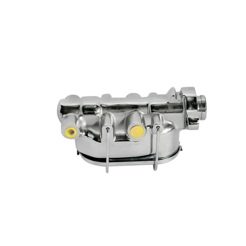 9 Inch Dual Diaphragm Chrome Power Brake Booster Paired With 1 1 8 Bore Master Cylinder And PV4 Disc Drum Proportioning Valve For Chevy Corvette 1968 To 1982 showing a chrome master cylinder from the side.