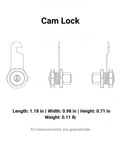 Diagram of Cam Lock Replacement for Filing Cabinets and Drawers Zinc Alloy Cam Silver Finish with dimensions displayed.