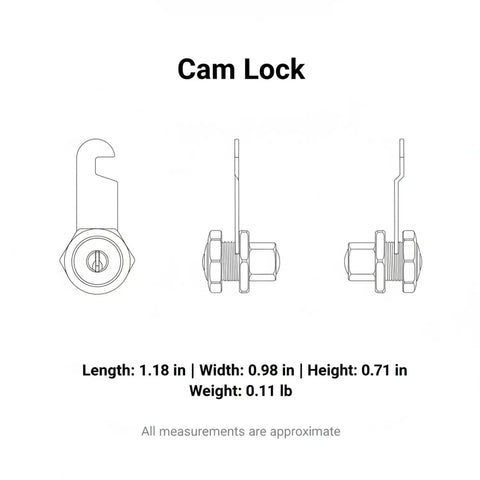 Diagram of Cam Lock Replacement for Filing Cabinets and Drawers Zinc Alloy Cam Silver Finish with dimensions displayed.