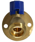Hella Tough Brass 1/2 Inch Male Hose Bibb Spigot Valve With Nail On Flange view showing coppery finish and blue handle.