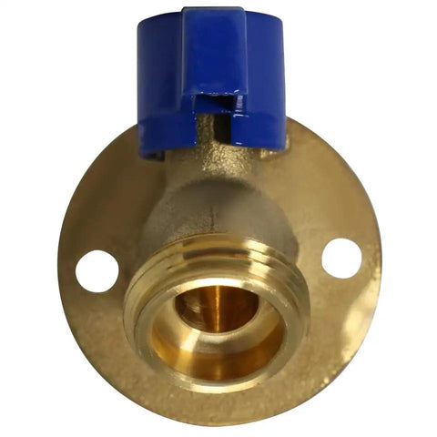 Hella Tough Brass 1/2 Inch Male Hose Bibb Spigot Valve With Nail On Flange view showing coppery finish and blue handle.