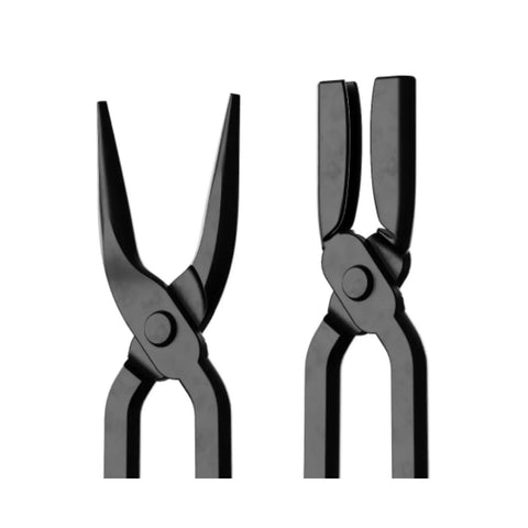 Five Piece Blacksmith Tools Kit with Pro Grade V Bit Tongs and V Bit Bolt Scrolls, high carbon steel, metalworking tool.