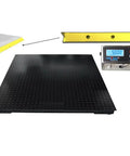 Heavy Duty Industrial Floor Scale 5 By 5 Platform With Dual Bumpers And Printer For Big Time Warehousing Shipping And Freight Handling 10000 Lbs Capacity 2 Lb Accuracy showing flat surface and digital display.
