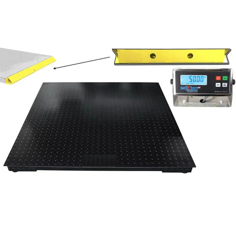 Heavy Duty Industrial Floor Scale 5 By 5 Platform With Dual Bumpers And Printer For Big Time Warehousing Shipping And Freight Handling 10000 Lbs Capacity 2 Lb Accuracy showing flat surface and digital display.