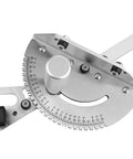 Precision Table Saw Miter Gauge With Adjustable Flip Stop And Angle Guide showing angle adjustment dial and scale.