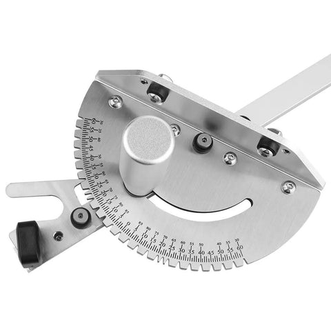 Precision Table Saw Miter Gauge With Adjustable Flip Stop And Angle Guide showing angle adjustment dial and scale.