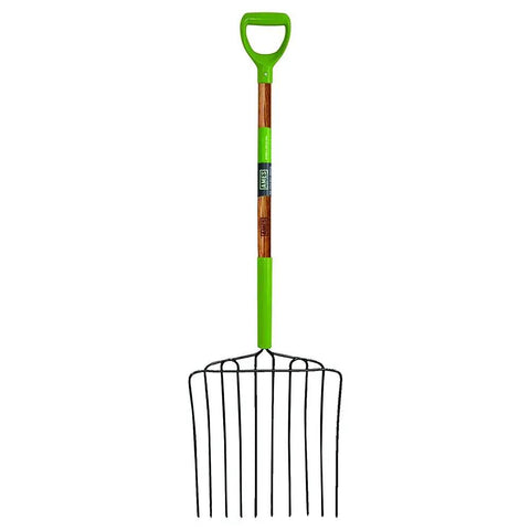 10-Tine Welded Steel Ensilage Fork With Hardwood Handle And D-Grip For Manure Mulch And Loose Material, 52-Inch Length, side view.