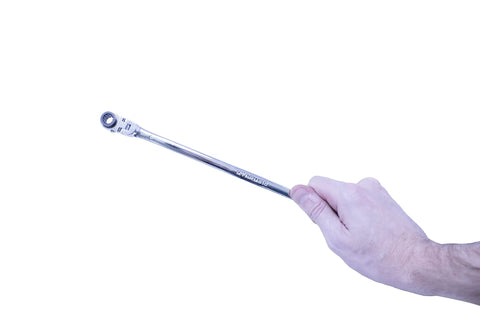 Hand holding 8x10mm Double Box Universal Spline Reversible Ratcheting Wrench With 90 Tooth Design Long Reach Flexible Handle Gearhead Grade