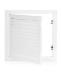 Front view of white aluminum alloy vented drywall access panel with hinged louvered door, 13.5 x 13.5 in outer frame.