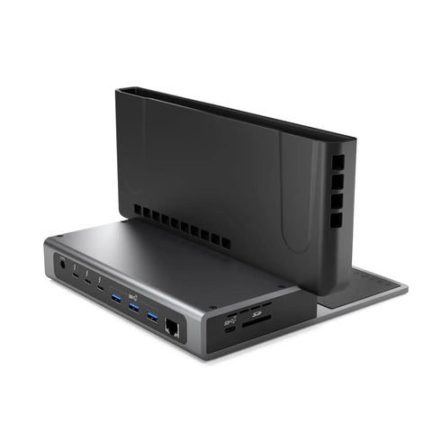 Dead Simple Vertical Thunderbolt 4 MacBook Docking Station Driving Two 4K Displays At 60Hz With Twelve Rock Solid Ports And Hella Fast 96 Watt Charging Plus Magsafe, side view showing ports.