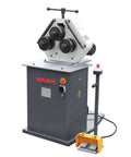 Kaka Industrial Rbm-30HV Roll Bending Machine For Forming Arcs And Rings In 1.18 Inch Tube Square Bar Angle Steel And Flat Sheet Metal With Horizontal Vertical Operation Capabilities For Pro Shops, showcasing three operational rollers.