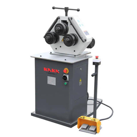 Kaka Industrial Rbm-30HV Roll Bending Machine For Forming Arcs And Rings In 1.18 Inch Tube Square Bar Angle Steel And Flat Sheet Metal With Horizontal Vertical Operation Capabilities For Pro Shops, showcasing three operational rollers.