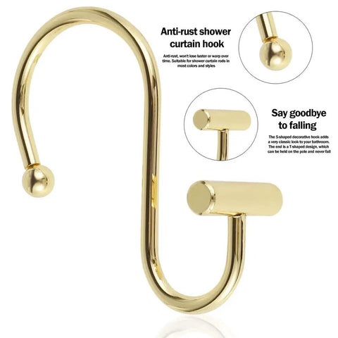 Decorative Brushed Gold Shower Curtain Hooks 12 Pack Rust Resistant Metal Hangers For Bathroom Easy Glide Rings With Classic T Shape Design Keeps Your Curtain Secure And Add A Sleek Modern Look To Any Shower Space