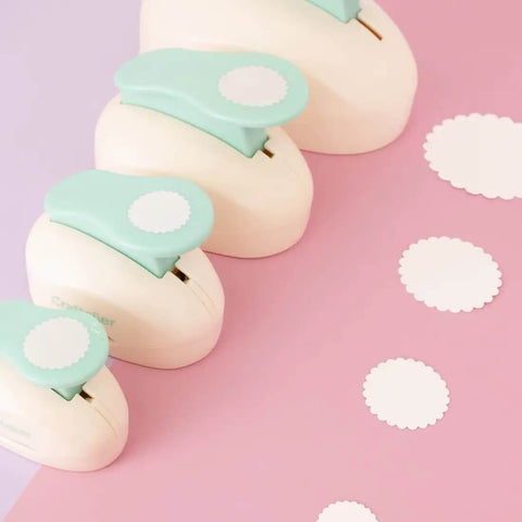 3 Inch Circle Scallop Punch with Easy Lever Press for Scrapbooking, DIY cards, and journals, showing multiple punches and cutouts
