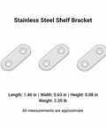 Diagram of three stainless steel shelf brackets with dimensions, including length 1.46 in, width 0.63 in, height 0.08 in, and weight 2.20 lb.
