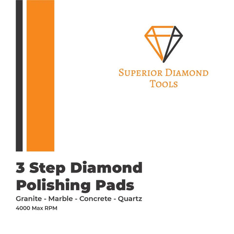 Superior Diamond Tools logo with text '3 Step Diamond Polishing Pads for Granite, Marble, Concrete, Quartz'. Pro Grade 3 Step Diamond Polishing Pads For Wet Or Dry Use 4 Inch White Resin Hook And Loop Backing 3 Pads No Fuss Perfect For Granite Quartz Marble Concrete Terrazzo High Temp Resistant Delivers Quick 3 Step Shine