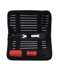All In One RC Tool Kit With Pouch And Carry Case Including Hex Nut Drivers 1.5mm To 4mm, Six Hex Drivers, Five Nut Drivers, Wrench, Driver Handle, Philips And Flat Head Screwdrivers For RC Cars And Hobbyists On The Go. Open black pouch with RC drivers, wrench, and red handle