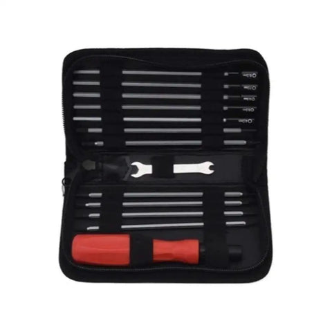 All In One RC Tool Kit With Pouch And Carry Case Including Hex Nut Drivers 1.5mm To 4mm, Six Hex Drivers, Five Nut Drivers, Wrench, Driver Handle, Philips And Flat Head Screwdrivers For RC Cars And Hobbyists On The Go. Open black pouch with RC drivers, wrench, and red handle