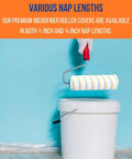 Pro Grade 14 Inch Microfiber Paint Roller Covers Bulk Pack Of 48 With One Half Inch Nap for painting with painted bucket.