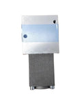 Front view of electric proportional valve module, 0-10 bar, 24V, silver top with blue band and black base
