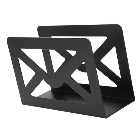 Black iron Storage Letters Sorter with envelope cutout design for home office desk organization, metal mail holder for documents.