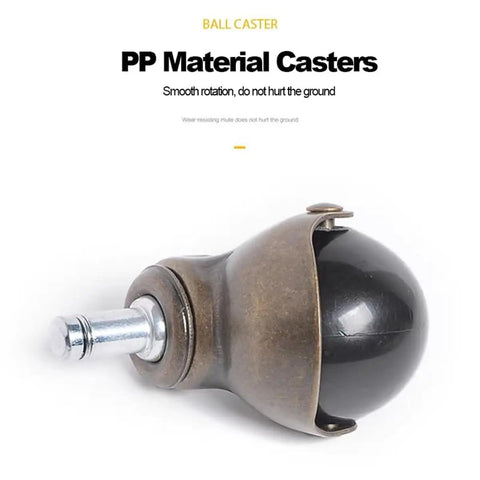 Heavy Duty Antique Ball Casters Deliver Hella Smooth Swivel Operation With Classic Brass Look Built From Tough Steel And Rugged Plastic For Easy Glide On Sofas Cabinets And Kitchen Carts Comes As A Cool Four Piece Set Measuring One Point Five Inches Wide. Close-up of a single antique ball caster with PP material and brass finish.