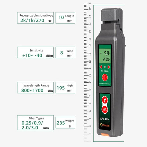 KFI-40 Fiber Optic Detector And Live Identifier with size and specification details, suitable for 0.25mm, 0.9mm, 2.0mm, 3.0mm cables