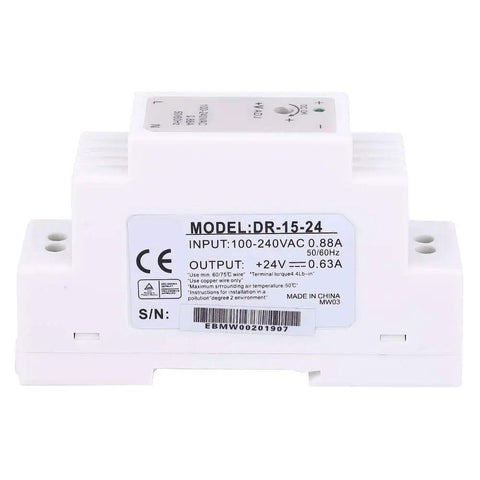 Slick Compact Din Rail Switching Power Supply delivers reliable 24V DC output at 15W and 0.63A with compact design for control cabinets.