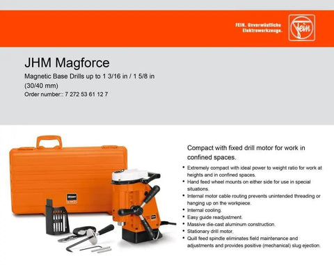 Heavy Duty Magnetic Drill Sized For One Point Six Two Five Inch Boring with 40mm max drilling size, compact design for confined spaces.