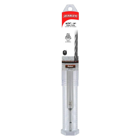 Diablo SDS Plus Rebar Cutter for heavy duty construction, shown in packaging, cuts embedded steel up to 1-1/8 inch diameter.