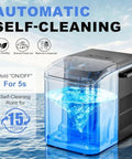 Countertop ice maker with handle, black body and blue transparent front; auto-cleaning