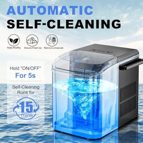 Countertop ice maker with handle, black body and blue transparent front; auto-cleaning
