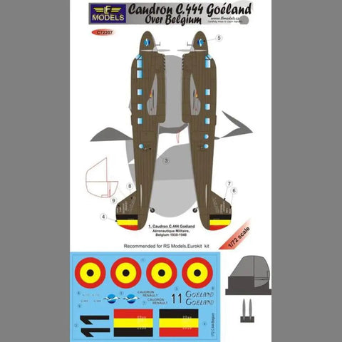 Decal sheet for Caudron C 444 Goéland One Seventy Two Scale Pro Grade Upgrade Kit with Belgian aircraft markings.