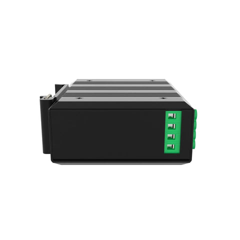 Beefy 48V DIN Rail Power Supply Pumping 120W Regulated Output With Adjustable 48 To 52V Range And Crisp Led Readout Mated With 12 Port Dc Distribution Kit side view with four connection ports.