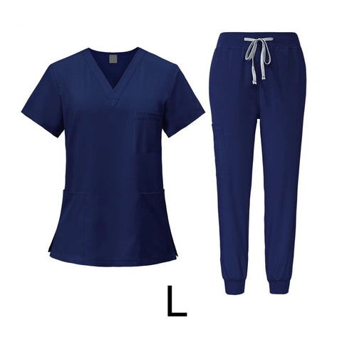 Nurse Scrubs Set For Women Uniform Top And Jogging Pants Navy Blue Machine Washable Spa Beauty Salon Workwear, Size L
