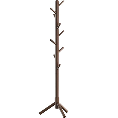 Wooden Coat Rack Tree Stand With 9 Hooks Walnut Finish Adjustable Height Modes Space Saving Garment Organizer